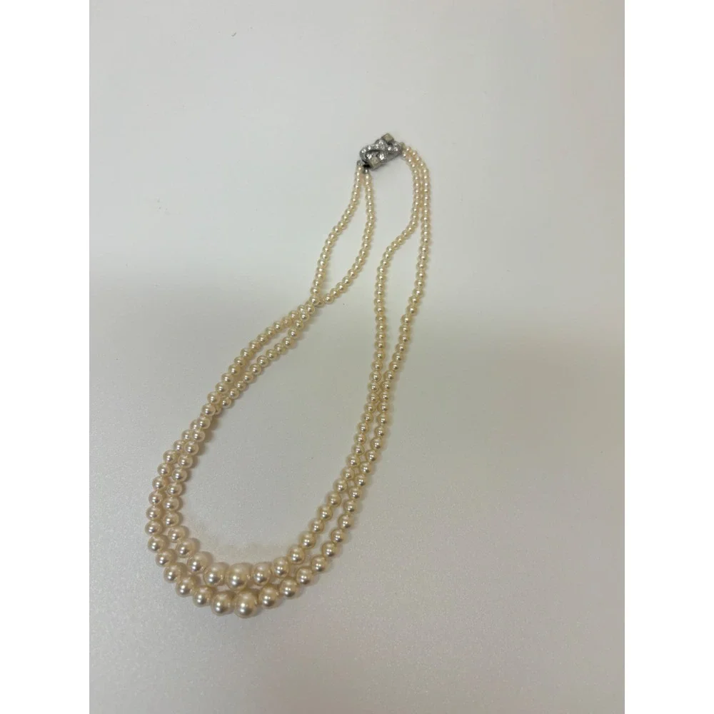 Vintage Double Strand Faux Pearl Necklace Art Deco Rhinestone Clasp Cream 16